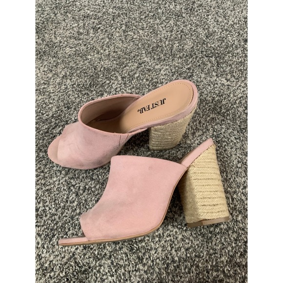 JustFab‎ Pink Mules Open Toe Block Heel Espadrille Style Slides size 8 - Picture 1 of 4